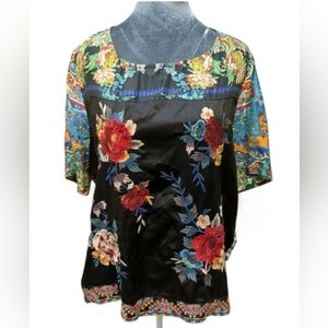 325 Johnny Was Work Shop Silk Blouse with Multicolor Floral Embroidery